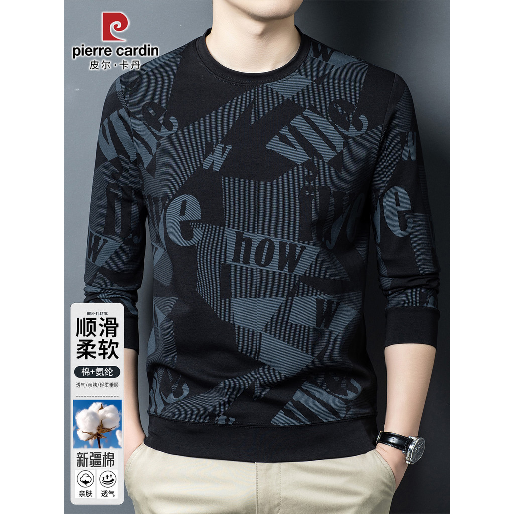 Pierre Cardan algodão manga comprida camiseta masculina em torno do pescoço carta impressa moletom primavera outono novo