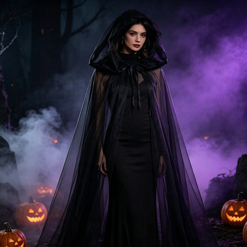 Halloween cosplay fantasma cosplay capa com capuz morte bruxa gaze traje longo desempenho traje