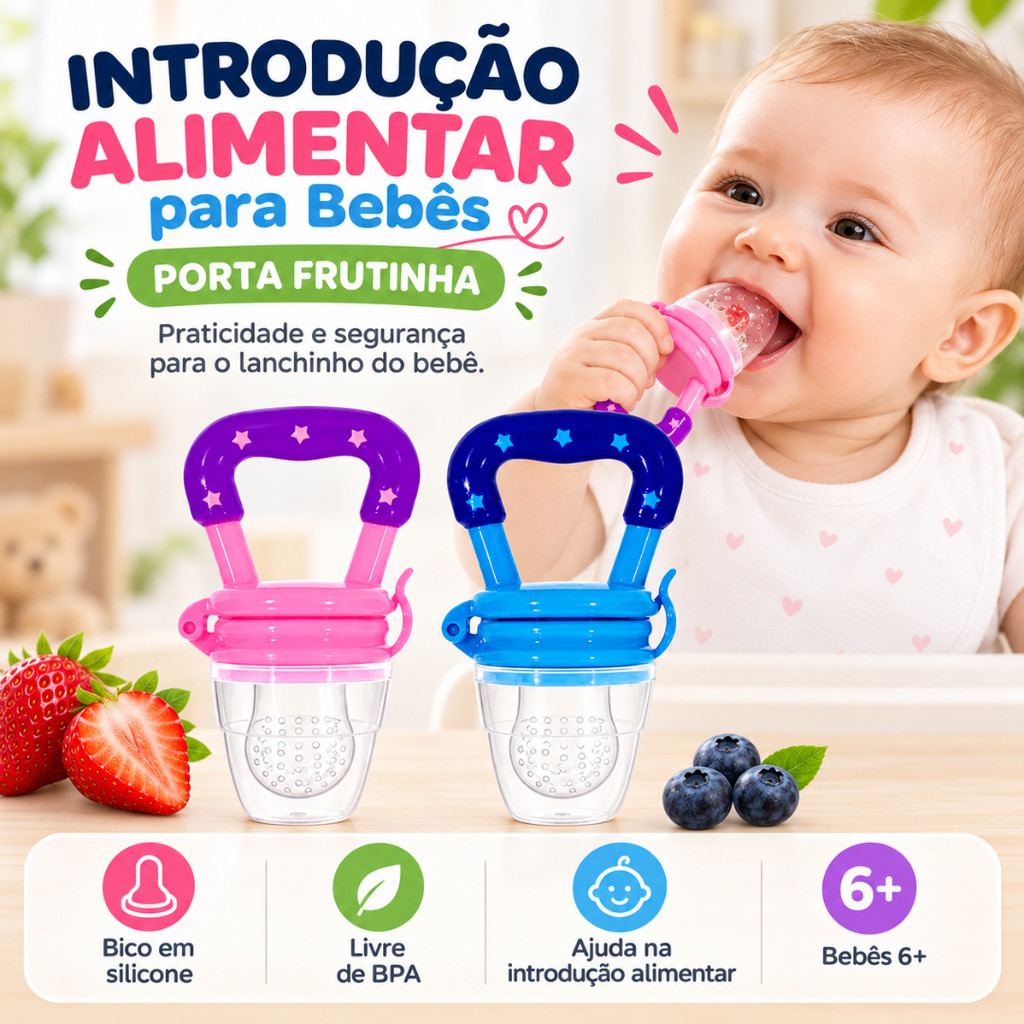 Bico de Introdução Alimentar Porta Frutinha Alimentador Bebê 6+ Bico Silicone Livre de BPA Azul Rosa