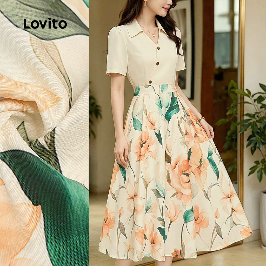 Lovito Vestido Elegante Drapeado com Botão Falso 2 em 1 para Vestido Amarelo feminino L198ED255