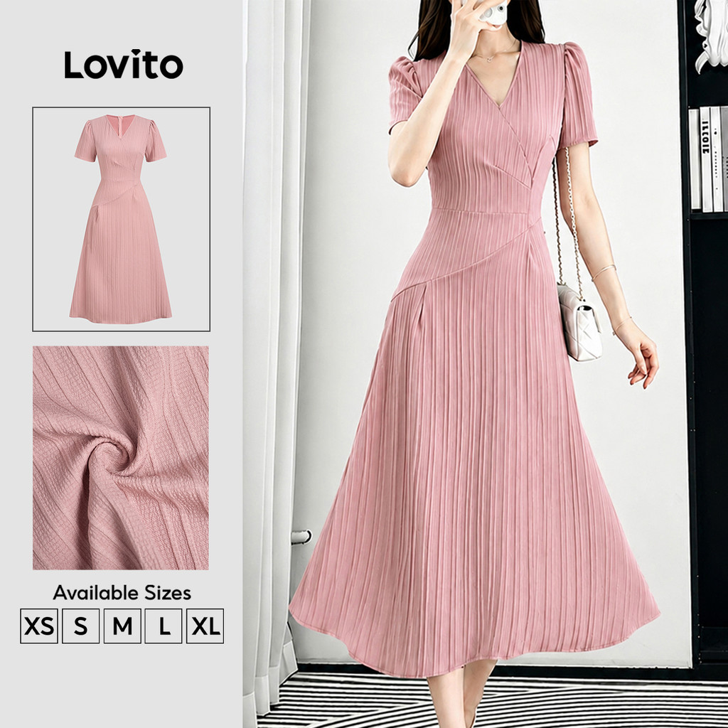 Lovito Vestido Elegante Feminino Rosa Plissado Assimétrico para primavera/verão DRK8P2D433