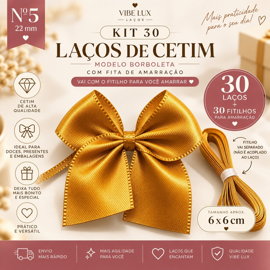 Kit 30 Laços de Cetim Nº5 Borboleta 6x6cm + Fitilho para Amarrar Doces Embalagens e Festas