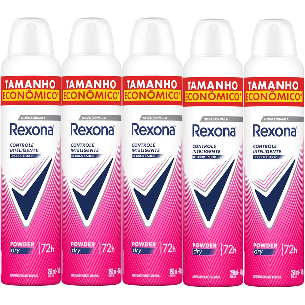 Kit Desodorante Antitranspirante Aerosol Rexona Powder Dry 72 horas 250ml - 5 Unidades