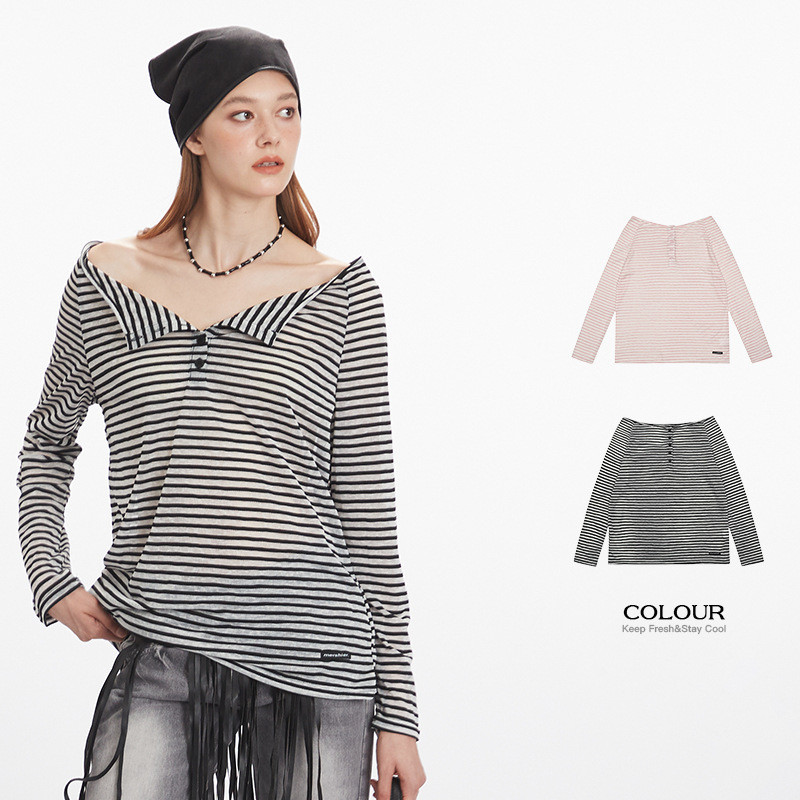 Camiseta listrada solta fina de manga comprida feminina americana preguiçosa protetor solar blusa Casual Top