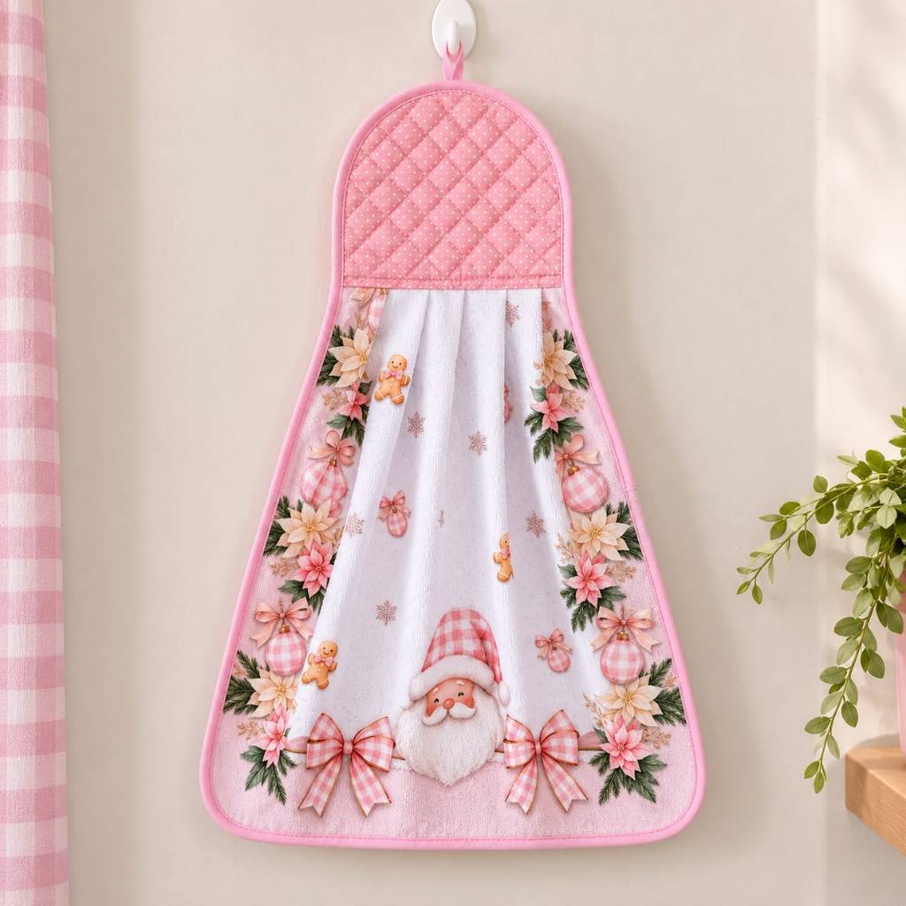 Bate Mão P/Cozinha Atoalhado 60cm x 40cm - Toalha de Mão Decorativa Natalino Papai Noel Rosa