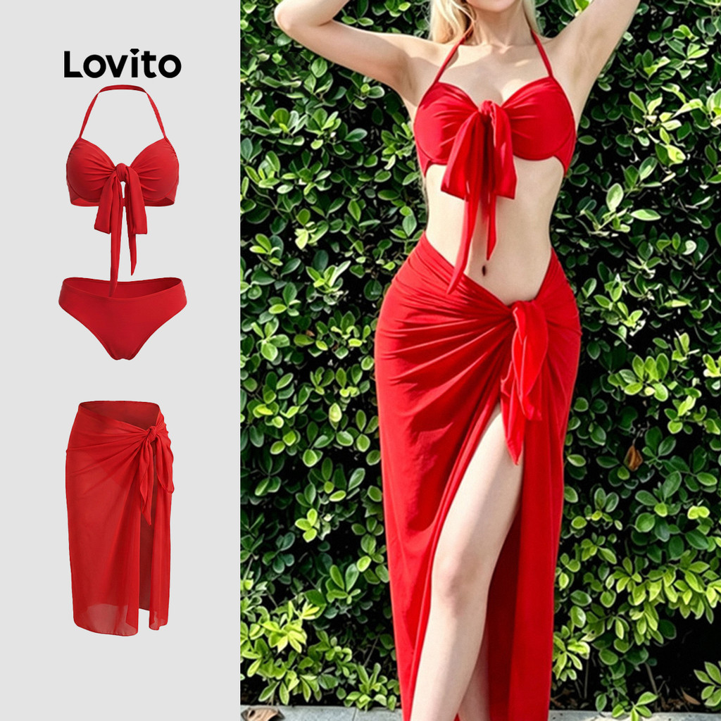 Lovito Boho Biquínis 3 Peças/Conjunto Laço Traseiro Primavera/Verão Vermelho LNE1481015