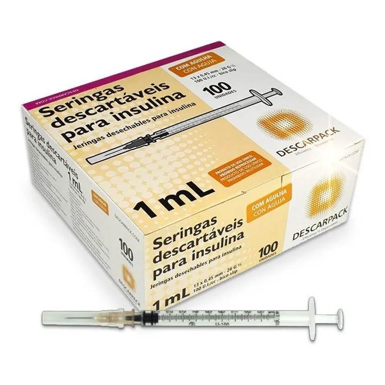 Seringa para Insulina 13 x 0.45 26 G½ - 1 ml 100 Un. - Descarpack