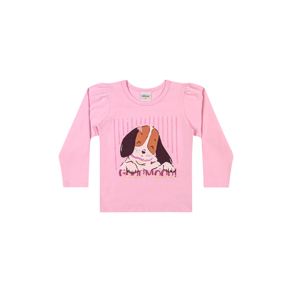 Blusa Longa Infantil Menina Estampa Cachorro Elian Rosa