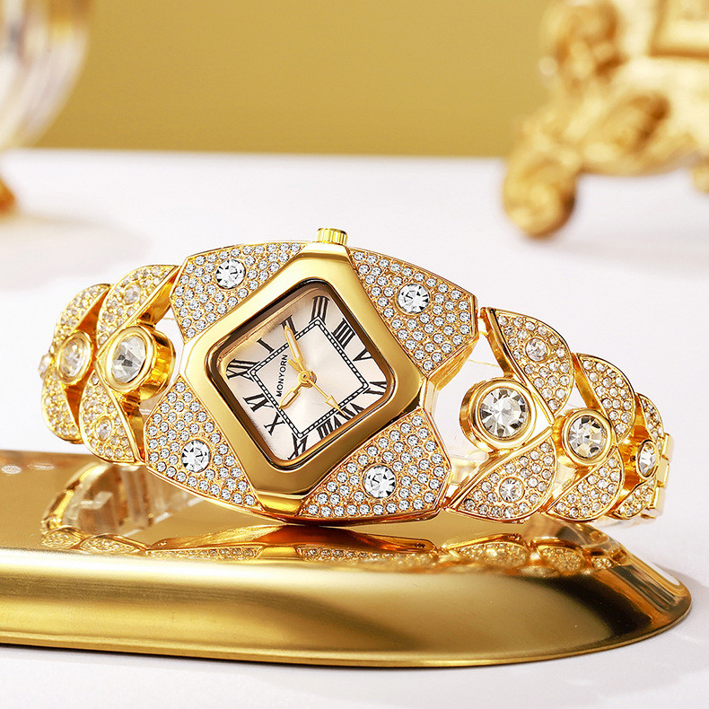 RelóGio Feminino Com Diamante Dourado, RelóGio De Quartzo Com Pulseira De Diamante Dourado, RelóGio Feminino