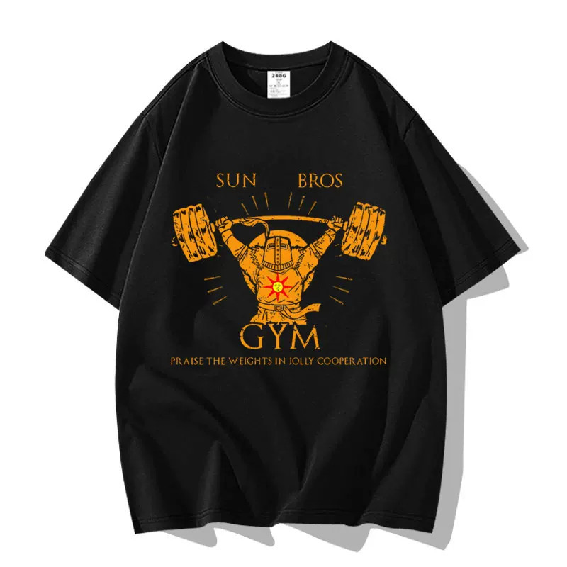 Camiseta Unissex Oversized Estampa Retro Dark Souls Cavaleiro Sol Academia Musculação Barra com Peso Confortável Casual