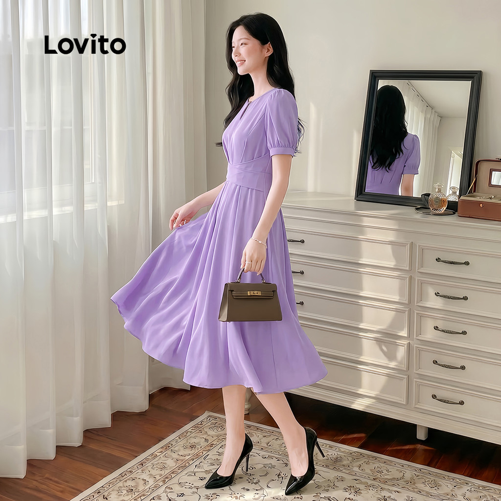 (Elegante) Lovito Vestido recortado plissado primavera/verão vestido roxo para mulheres LK3ED1715