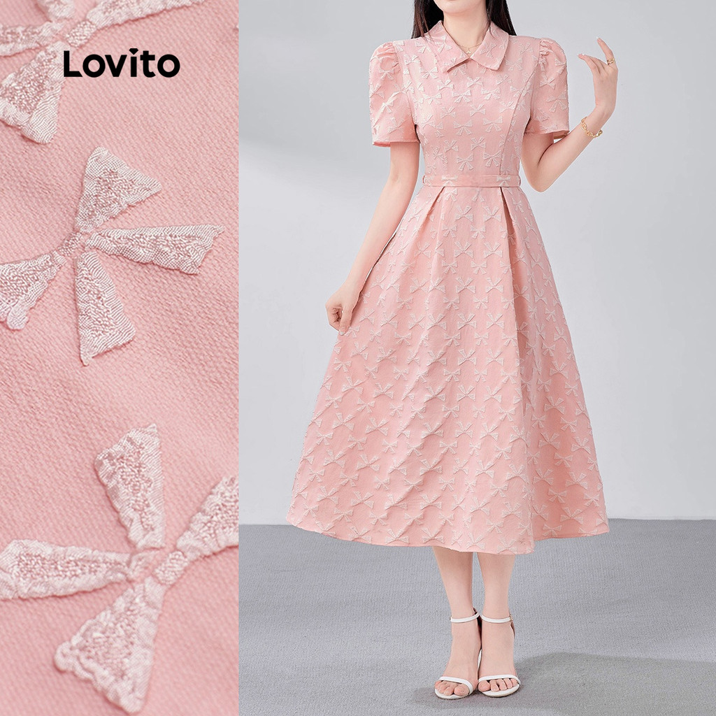 (Elegante)Lovito Vestido Midi Clássico E Versátil Em Jacquard Com Mangas Curtas E Gola De Palha Para O Dia a Dia Na Primavera/verão Para Mulheres LR18E122