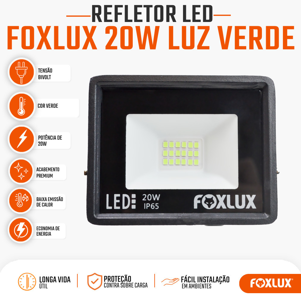 Refletor LED 20W Foxlux Luz Verde Decorativa IP65 Resistente a Água Bivolt