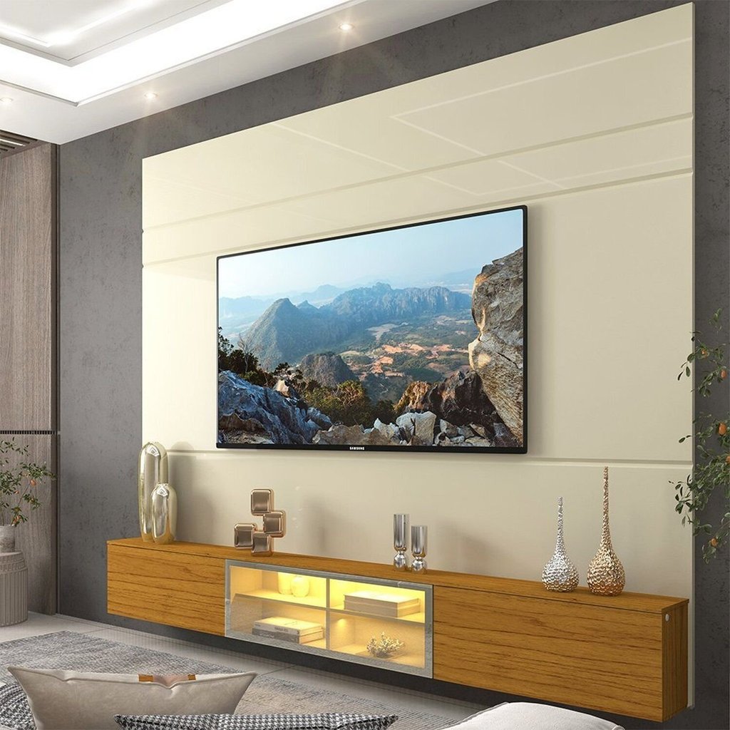 Estante para TV e Home Theater até 84 Polegadas 100% MDF com LED com Vidro Reflecta 217cm Luminare Bege Off