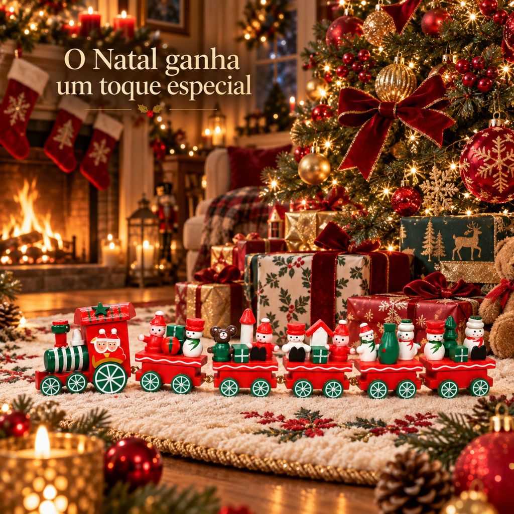 Mini Trem Natalino 6 Vagões Enfeite Decoração Natal Vila Natalina Brinquedo Madeira — imagem 2 de 2