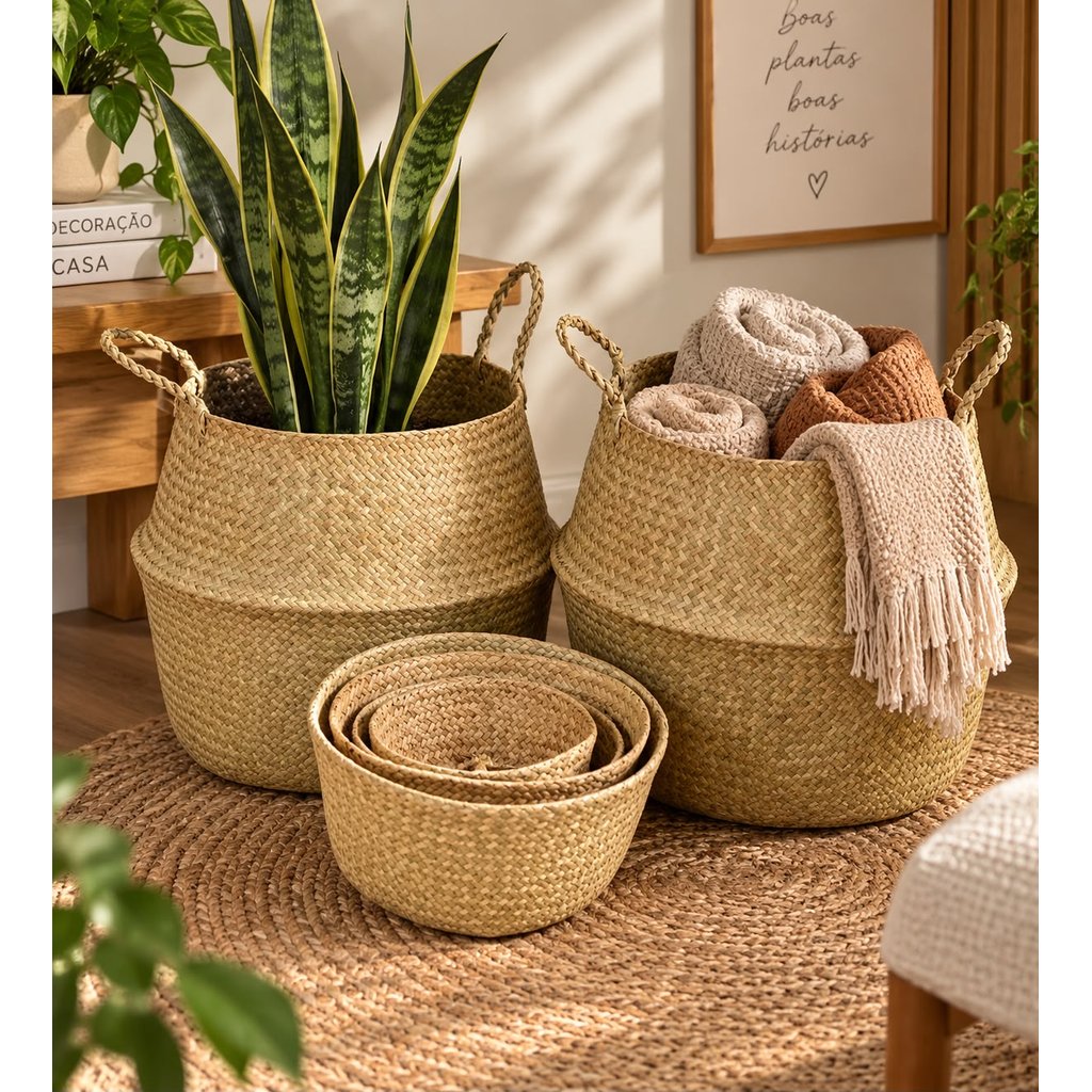 Cesto de Palha Decorativo Artesanal Cachepô para Plantas Organizador Decorativo