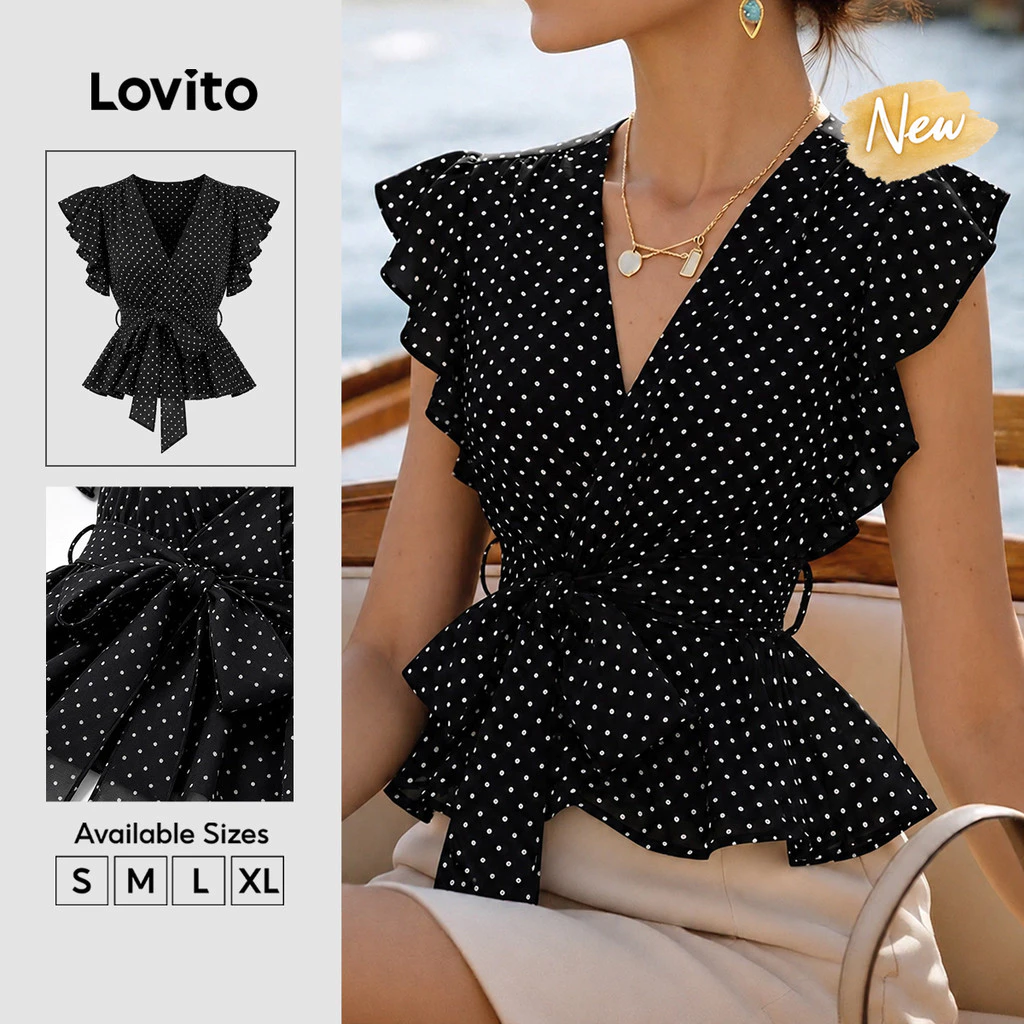 Lovito Blusa Feminino Casual De Bolinhas Sem Mangas Com Decote Em V E Amarração Com Babados Para O Fim De Semana E O Trabalho TKK10BR330 — imagem 1