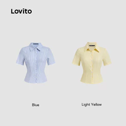 (Elegante) Lovito Blusa com Botões Forrada Primavera/verão Blusa Amarela Clara para Mulheres L143AD628
