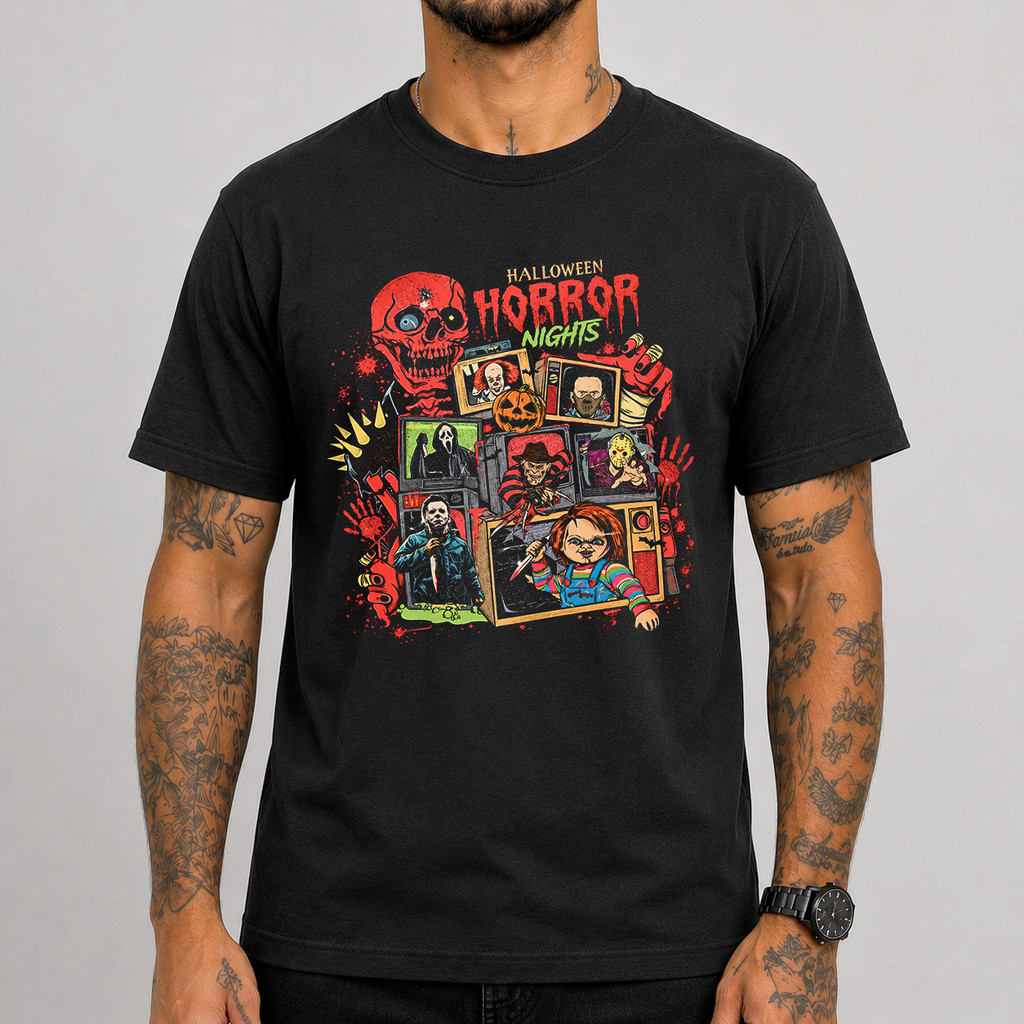 Camiseta Masculino Feminino Fofo Camisa Noites De Terror De Halloween Personagens De Terror Algodão Premium
