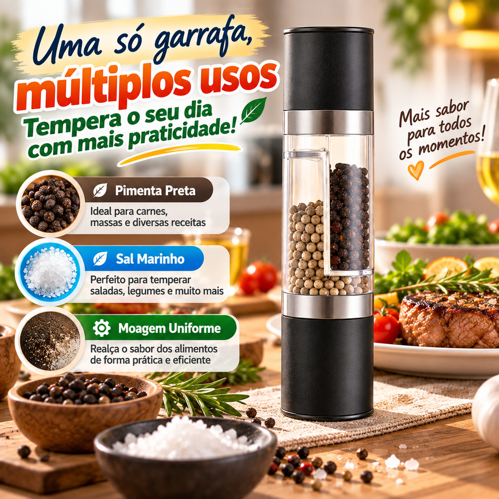 Moedor de Sal Pimenta Manual Ajustável Portátil 2 Em 1 Prático para Cozinha Casa Churrasco Piquenique e Camping