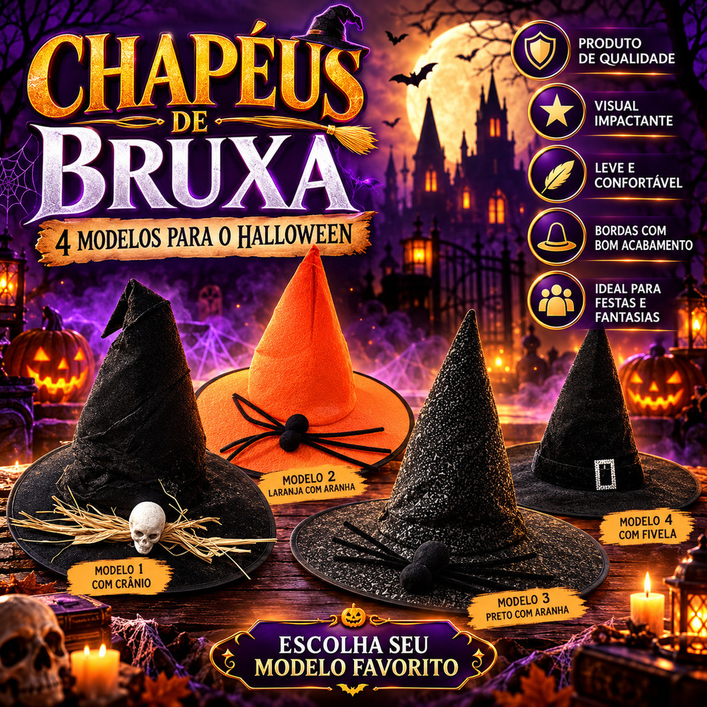 Chapéu De Bruxa Halloween 4 Modelos Crânio Aranha Fivela Fantasia Cosplay Festas Halloween