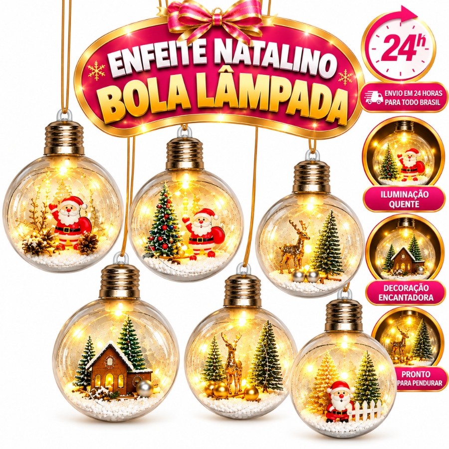 Bolas Natalinas Led Decoração Árvore Natal Enfeites Natalinos Papai Noel Presépio Boneco Neve Casa
