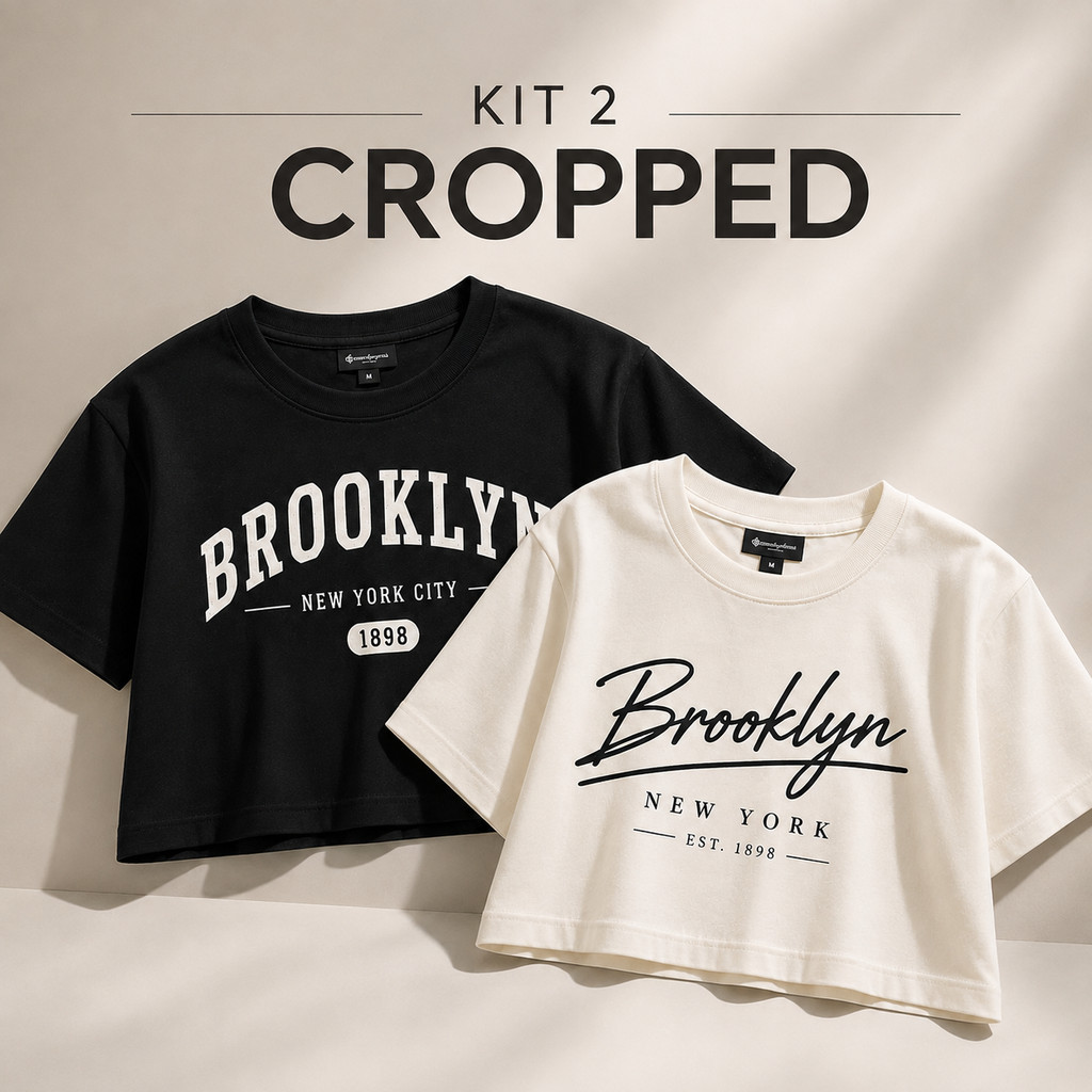 Kit 2 Cropped Feminino Oversized Estampado Brooklyn Camiseta Cropped Algodão Manga Curta Blusa Feminina Casual