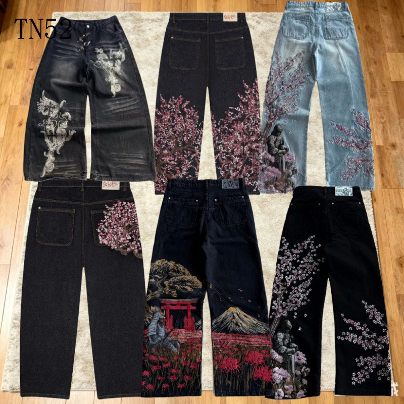 Calças Jeans Bordadas com Flor de Cerejeira e Estampa de Cavaleiro Caído, Estilo Vintage Y2K, Corte Reto e Perna Larga, 
