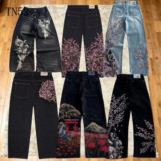 Calças Jeans Bordadas com Flor de Cerejeira e Estampa de Cavaleiro Caído, Estilo Vintage Y2K, Corte Reto e Perna Larga, 