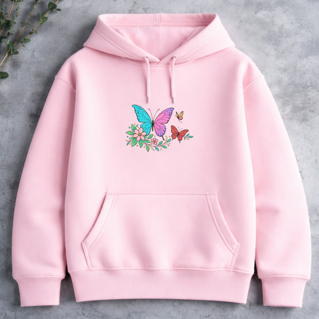 Moletom Feminino Canguru Borboleta Estampada Flanelado Casual Inverno Envio Rápido Blusa de Frio