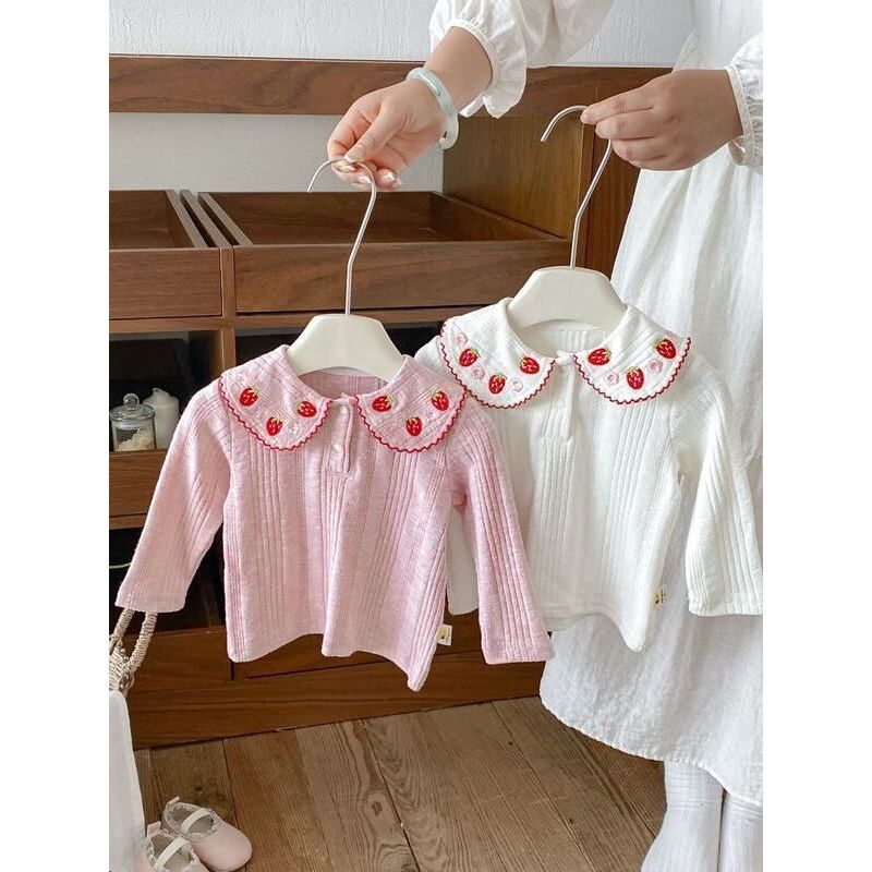 Meninas de manga comprida camiseta outono estilo ocidental bebê menina lapela camisa de fundo primavera outono All-Match
