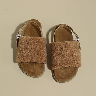 Sandálias femininas de bico redondo e dedos à mostra, casuais, com pelúcia e sola plana, tamanhos 35-40