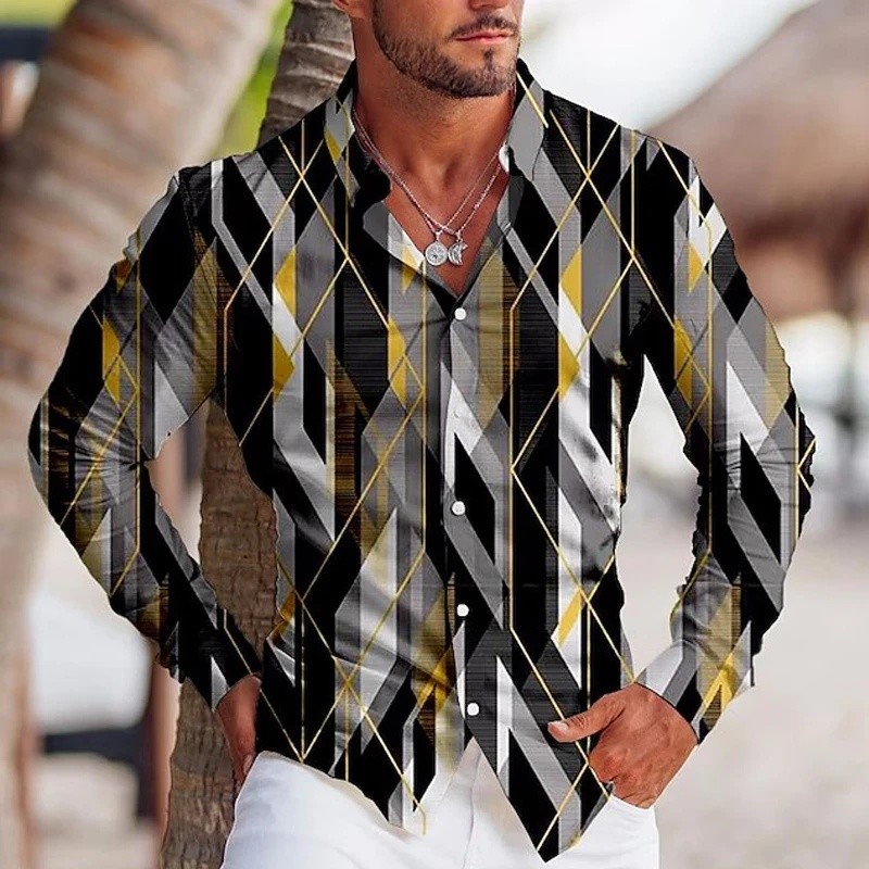 Nova Moda Masculina Camisas De Manga Longa Casual Luz Listra Impressa Camisa Botão Topos Roupas Masculinas De Alta Quali