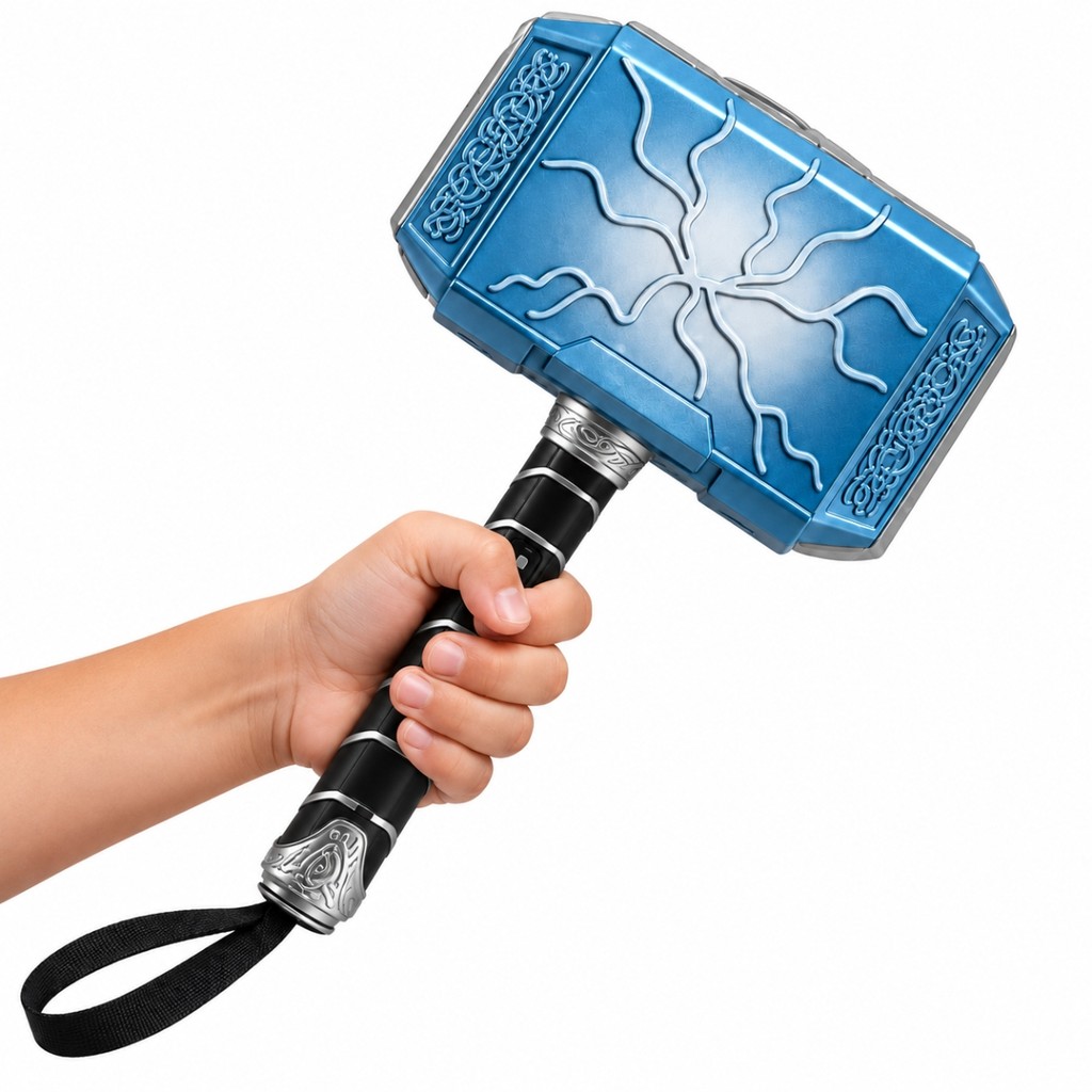 Martelo do Thor Brinquedo Infantil Deus do Trovão com Som e LEDs Cabo Preto com Detalhes Prateados - Castela