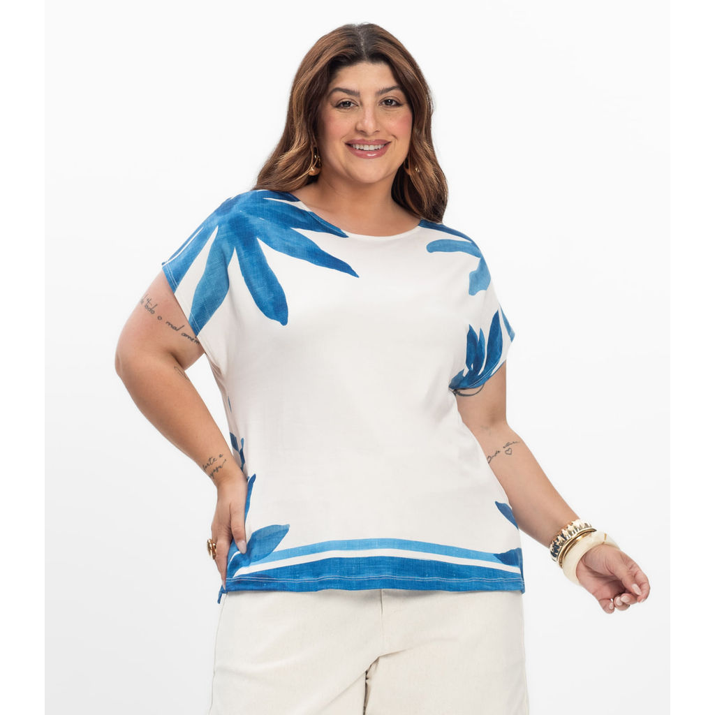 Blusa Manga Curta Feminina Plus Size Secret Glam Azul
