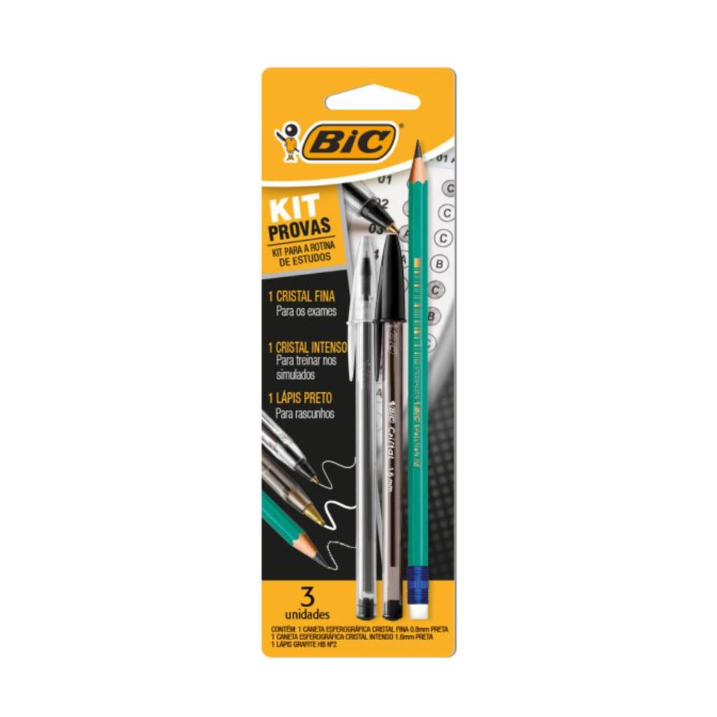 Caneta esferográfica Cristal Fina e 1 Cristal Intenso Preta e 1 Lápis preto nr2 Kit Prova Bic