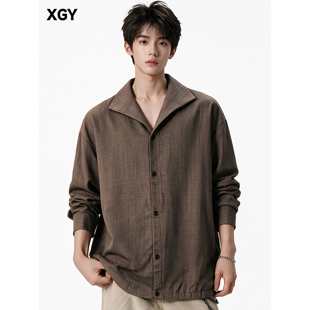 Americano Retro café cor camisa de manga comprida masculino velho dinheiro estilo imitação linho luz maduro Yuppie gola 