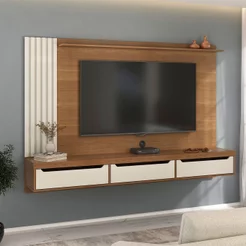 Painel Ripado para TV até 75 Polegadas MDF 200CMX137,5cm 3 Gavetas Presence Marrom Cinamomo/Off White
