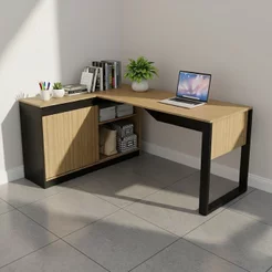 Mesa em L com Nicho Armário e Porta Correr ME4201 118cm Amêndoa e Preto Marrom