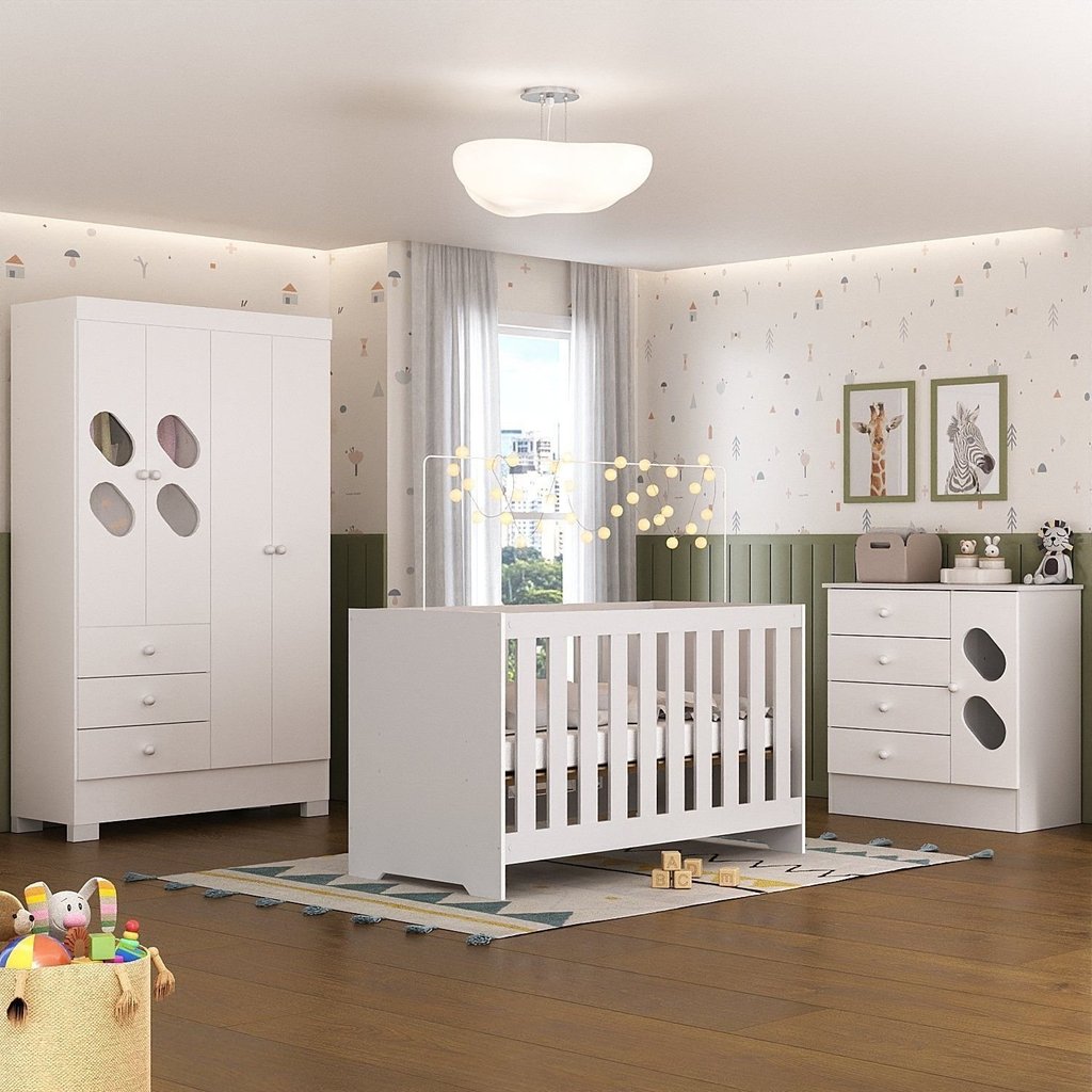 Quarto de Bebê Completo Guarda Roupa 4 Portas 3 Gavetas com Cômoda e Berço Hera Branco