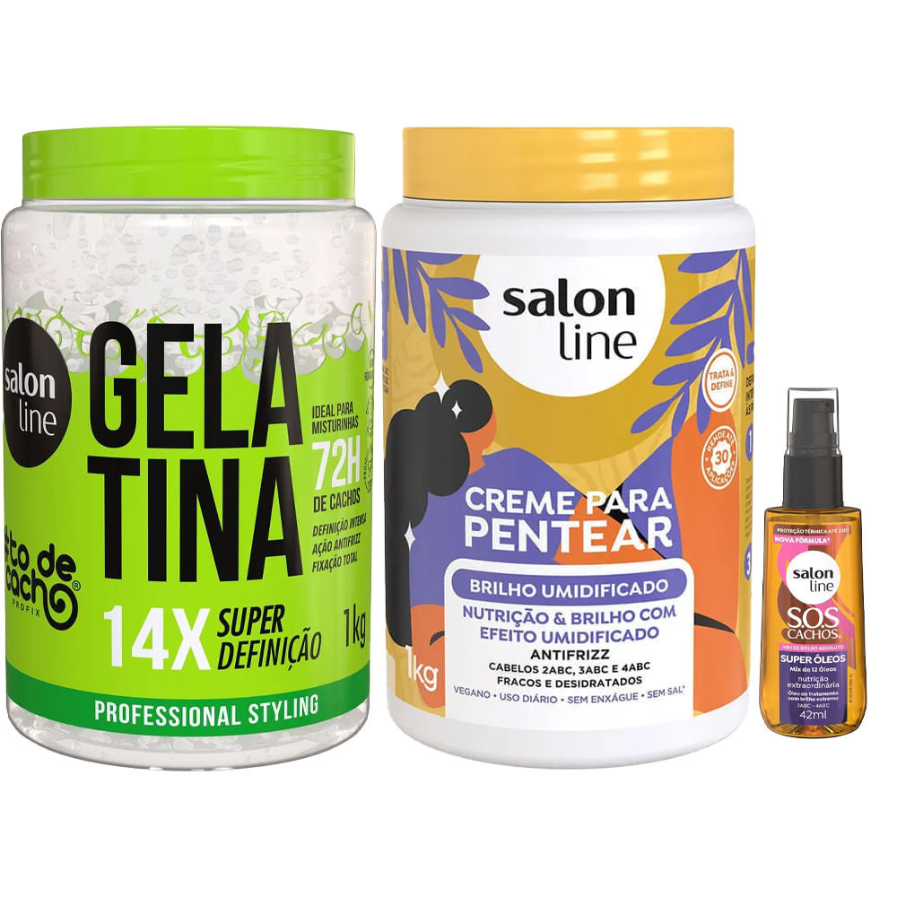 Kit Salon Line Gelatina 1kg + Creme De Pentear Brilho Umidificado 1kg + Óleo Capilar Super Óleos 42ml