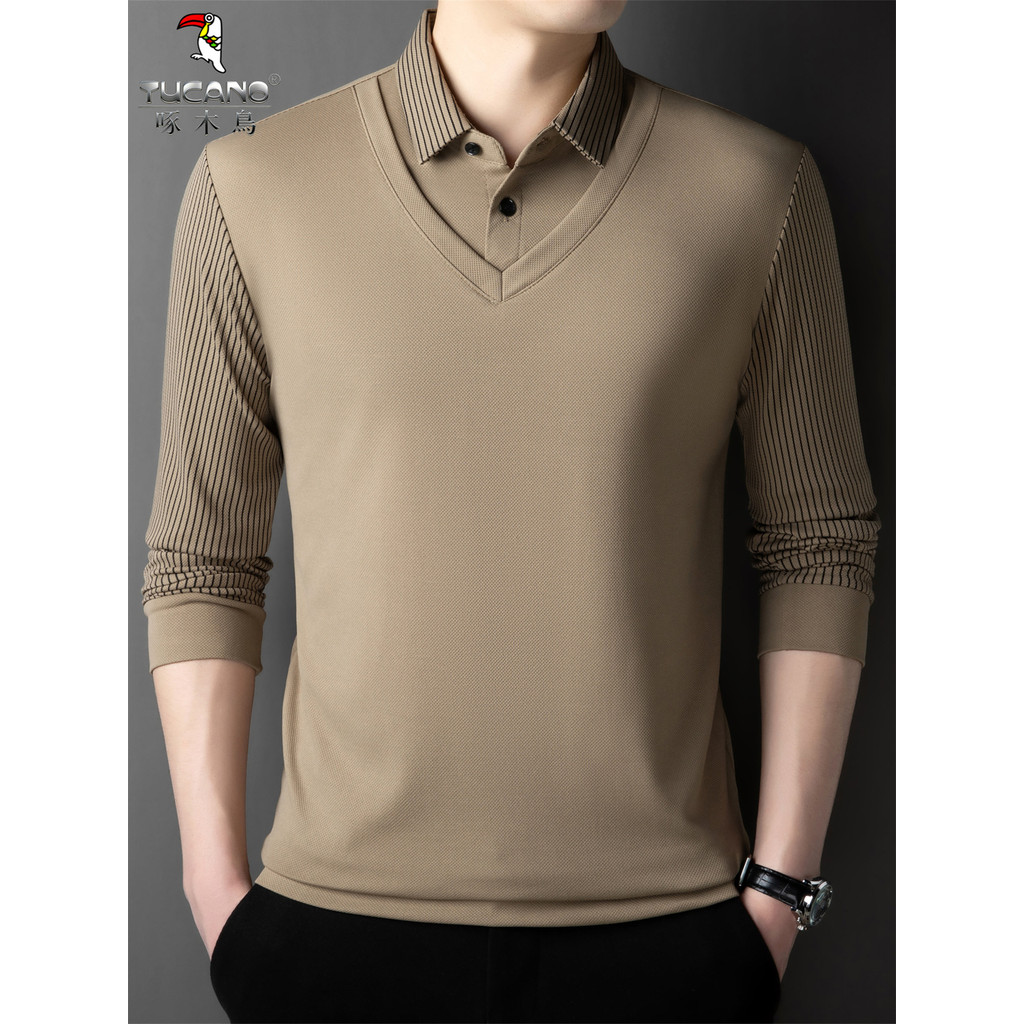 Woodpecker primavera férias de duas peças lapela manga comprida camiseta masculina de meia-idade idosos solto Casual fin