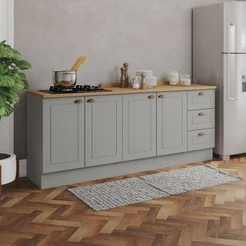 Cozinha Compacta 100% MDF 2 Balcões com Tampo Americana Cinza/Nature Cinza/Nature