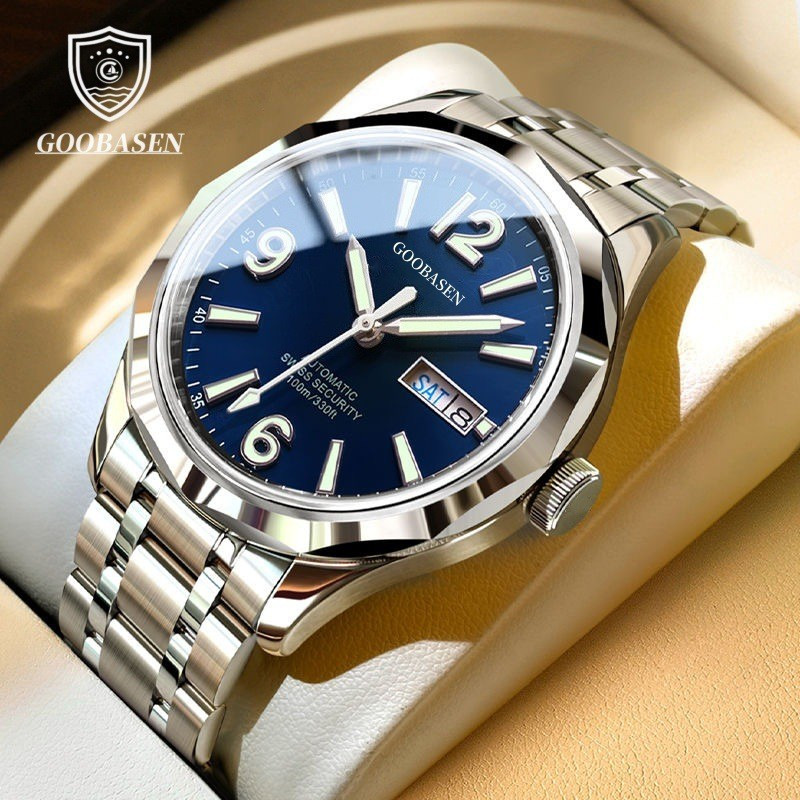Relógio de quartzo premium para homem, com design que imita mecanismos de relógio mecânico – mostrador azul, caixa em aç
