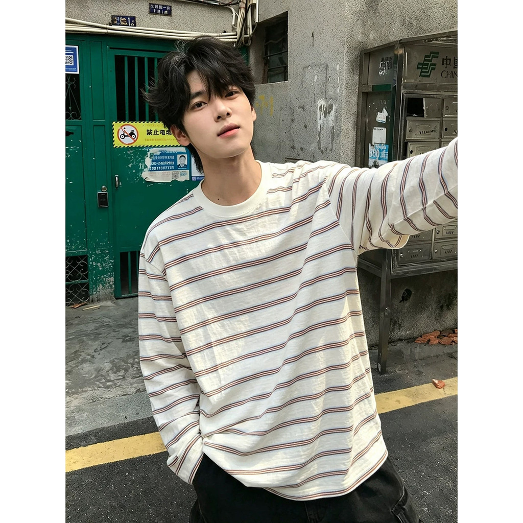 Americano Retro listrado de manga comprida camiseta masculina outono respirável protetor solar topo preguiçoso solto cam
