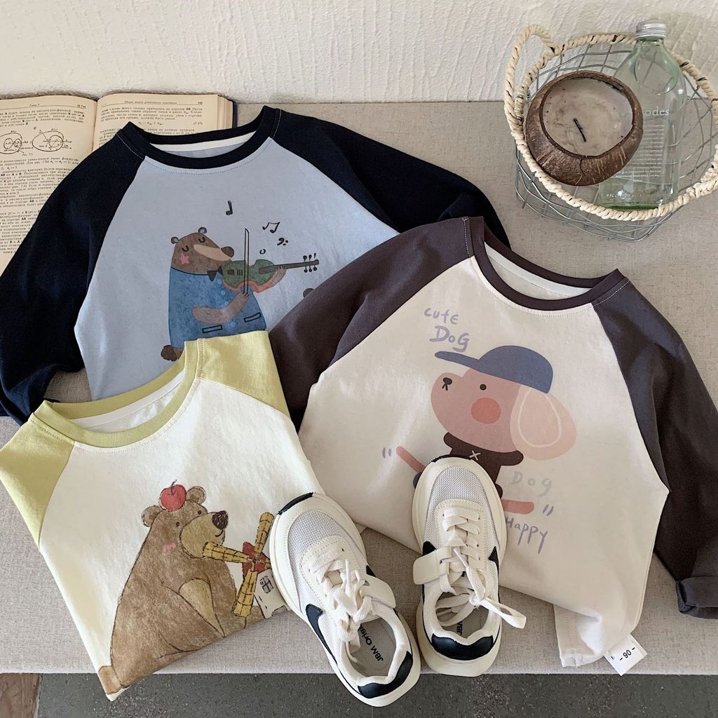Versão coreana crianças desenhos animados impresso camiseta de manga comprida meninos meninas cor-bloqueando em torno do