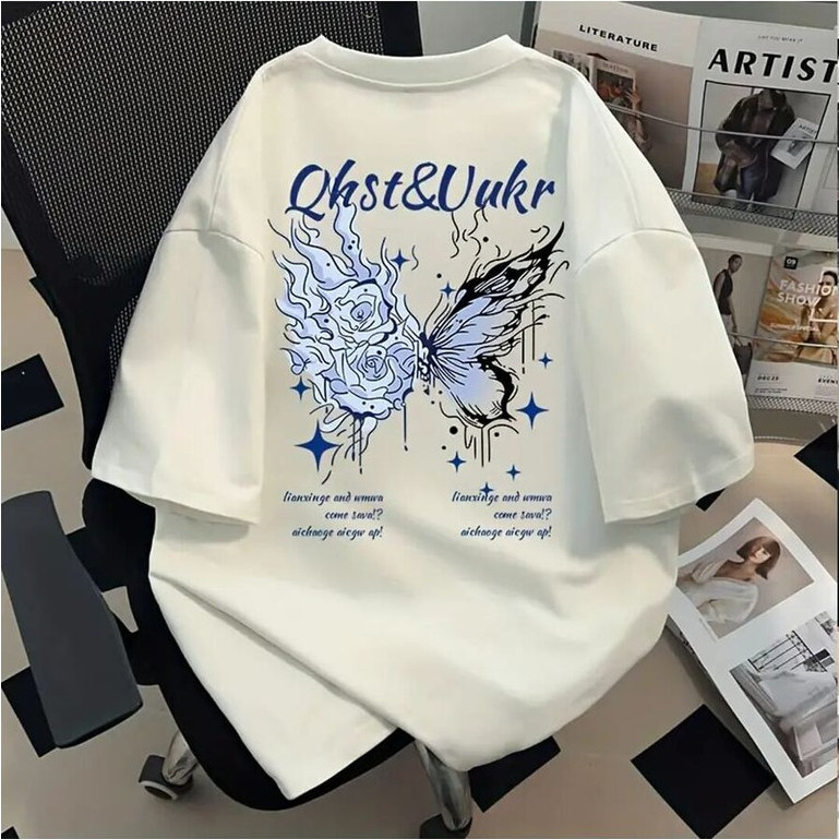 Camiseta Blusa Feminina Oversized Borboleta Estilo Streetwear Camisa 100% Algodão
