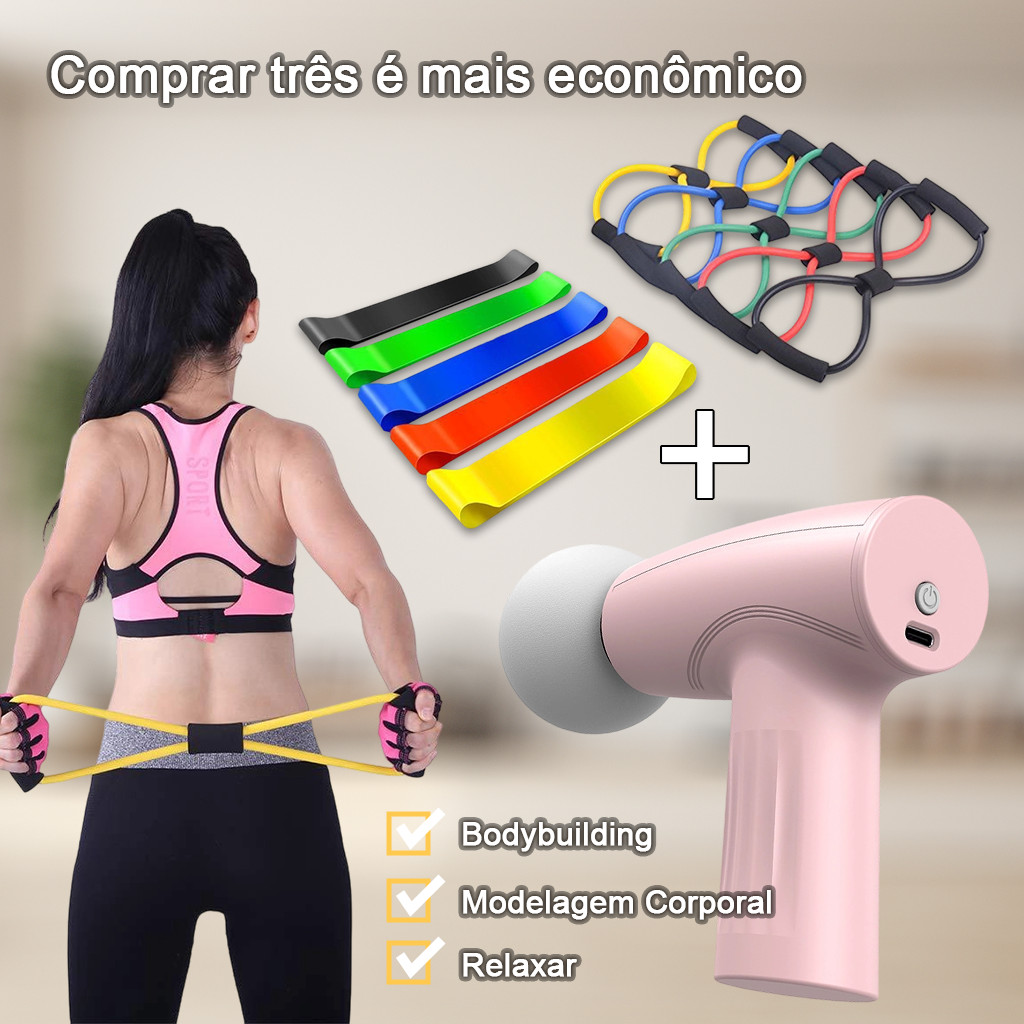 Kit Exercício + Alongamento | Massageador Elétrico Muscular Pistola Portátil Original c/ 6 Níveis e 4 Ponteiras