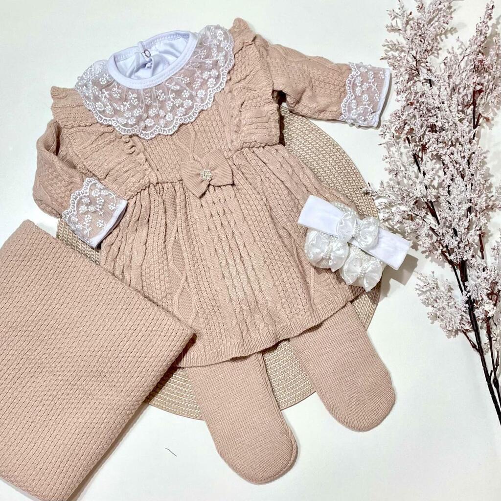 Kit Saída Maternidade para Menina Conjunto Bebê Luxo Enxoval Princesa Tricô Rosé