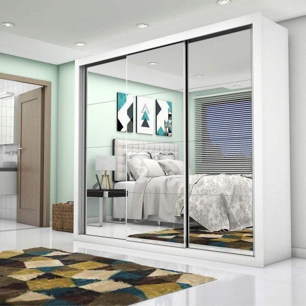 Guarda-Roupa Casal com Espelho 3 Portas de Correr Ilheus Premium Espresso Móveis Branco